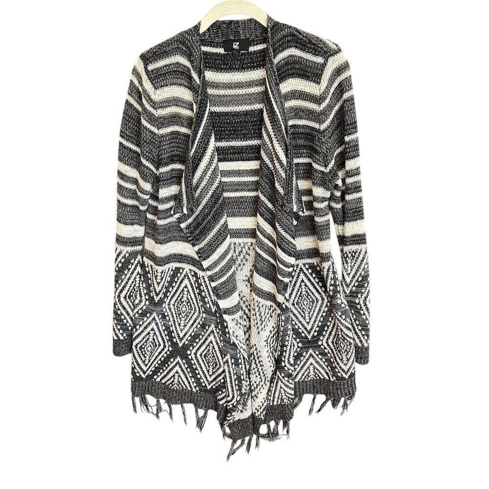 Iz Byer Women's XL Black & White Striped Fringe Open Cardigan Sweater